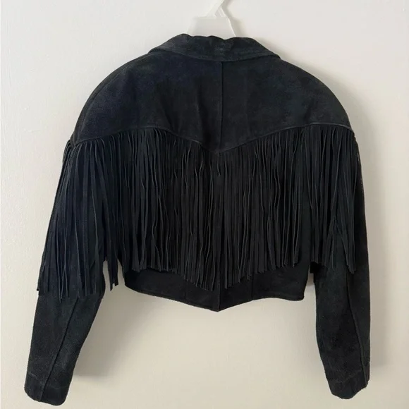 Vintage 1980s Womens Black Suede Leather Jacket Size S Fringe Biker Western Goth - Picture 4 of 10